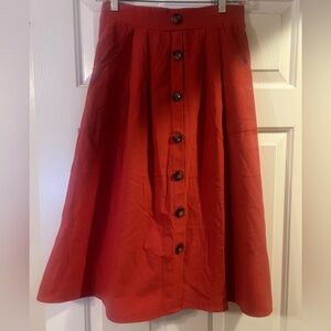 NWT Orange Front Button A-Line High Waisted Midi Skirt with Pockets Size Small